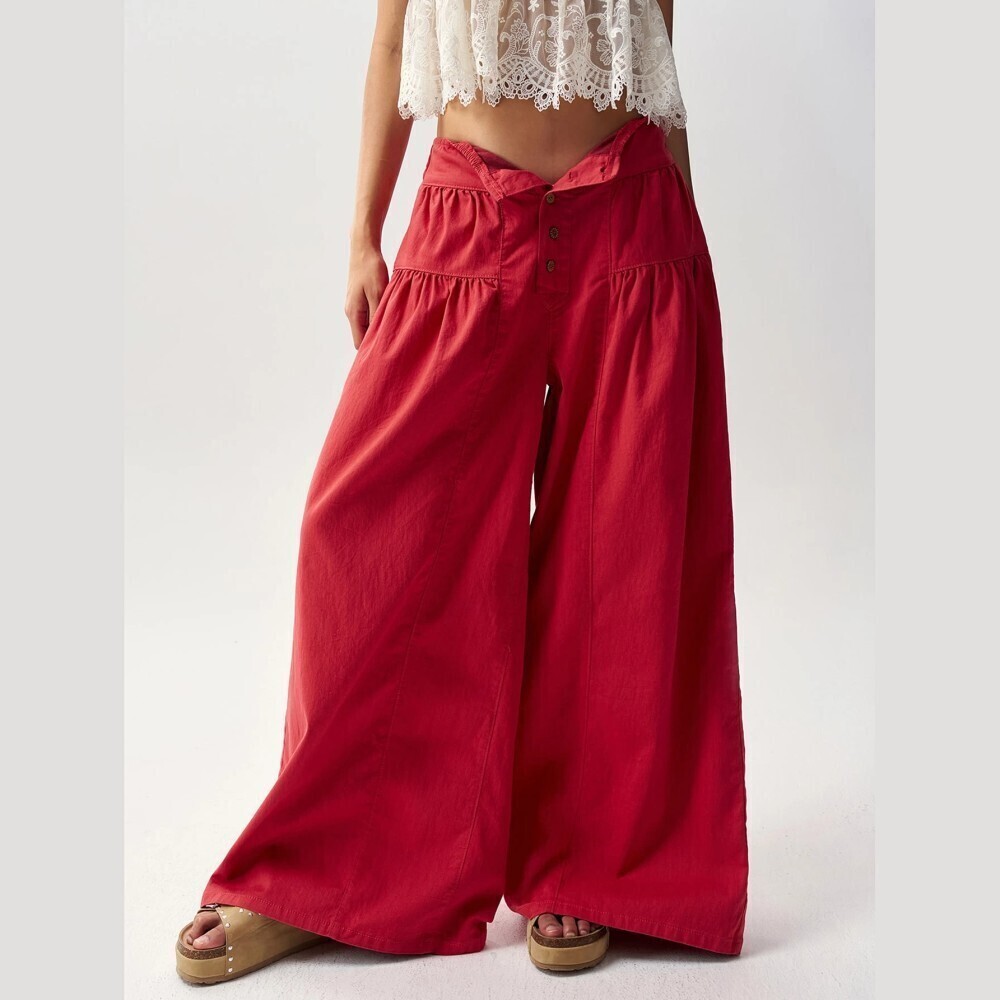 Red Button Front Ultra Wide Leg Palazzo Pants